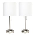 Diamond Sparkle Brushed Steel Stick Table Lamp with Charging Outlet & Fabric Shade, White - Set of 2 DI2519790